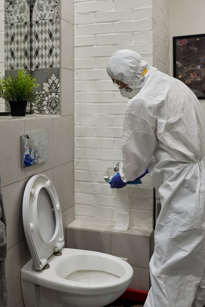 A cleaner in full protective gear disinfecting a bathroom, ensuring hygiene and safety.